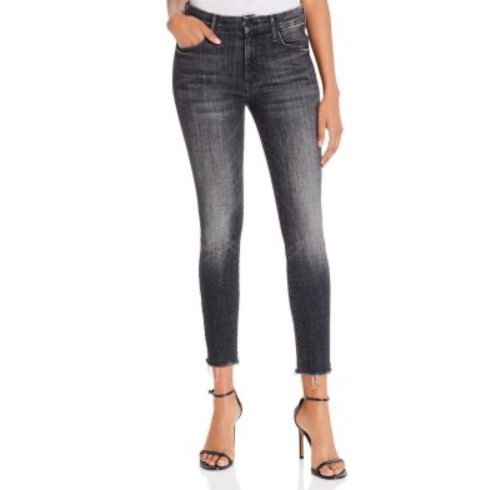 Mother Looker Ankle Fray Jeans Huntress Grey Faded Skinny Raw Hem Size 27